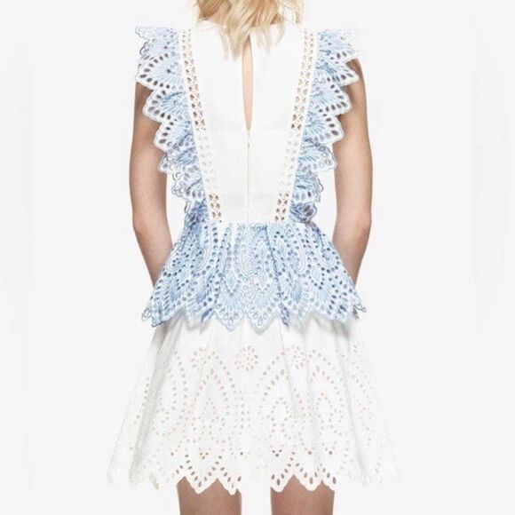 Self-Portrait Embroidered Frill Mini Dress Pockets White Baby Blue Women US 6 - Picture 15 of 15